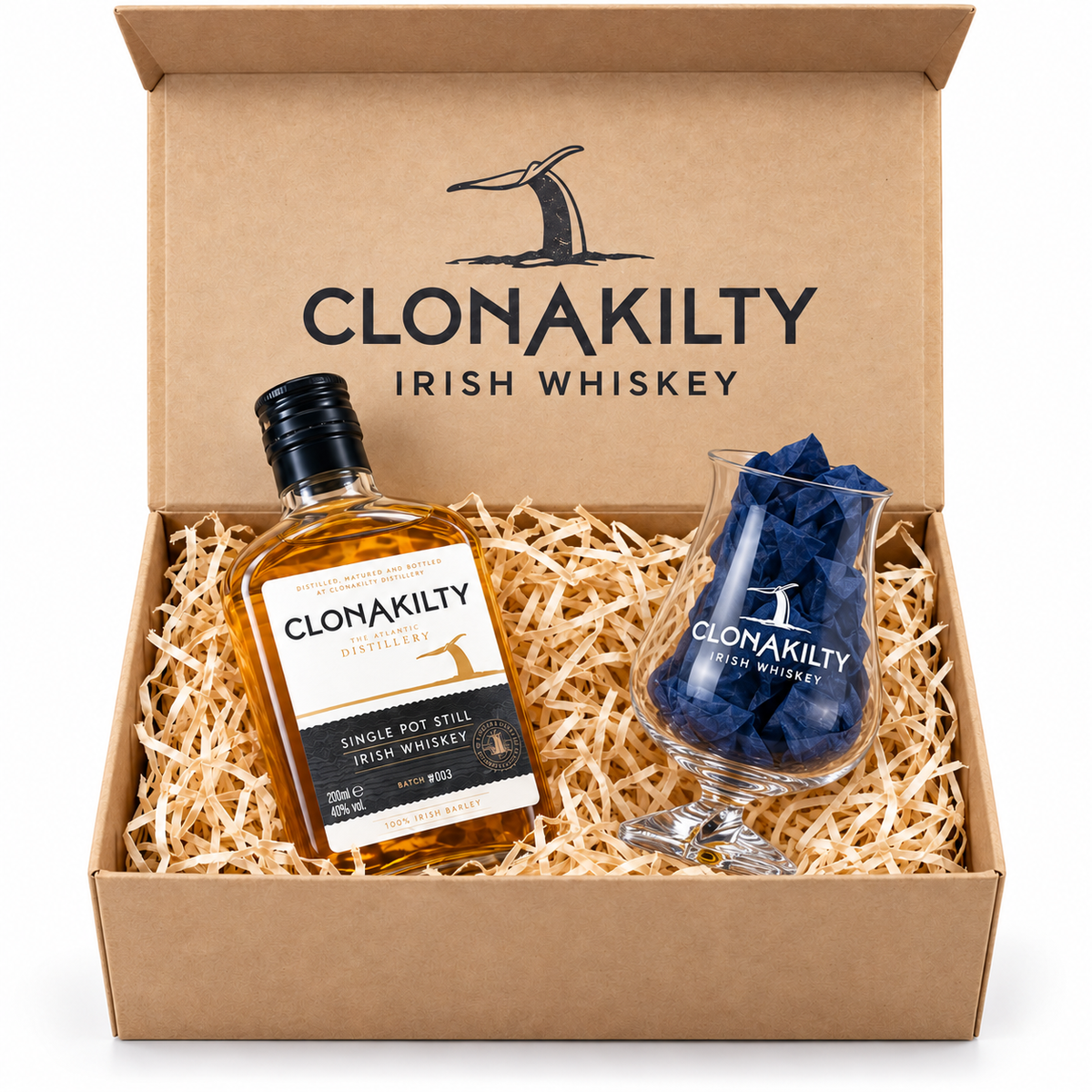 Clonakilty Single Pot Still 200ml and Túath glass gift hamper in a kraft box