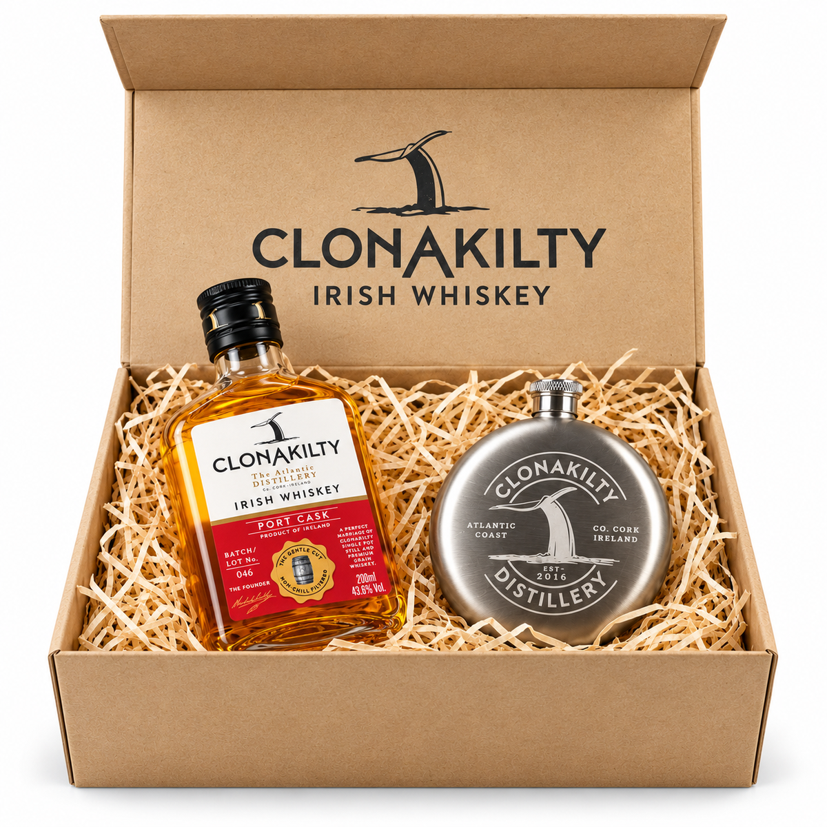 Clonakilty Port Cask 200ml and hip flask gift hamper in a kraft box